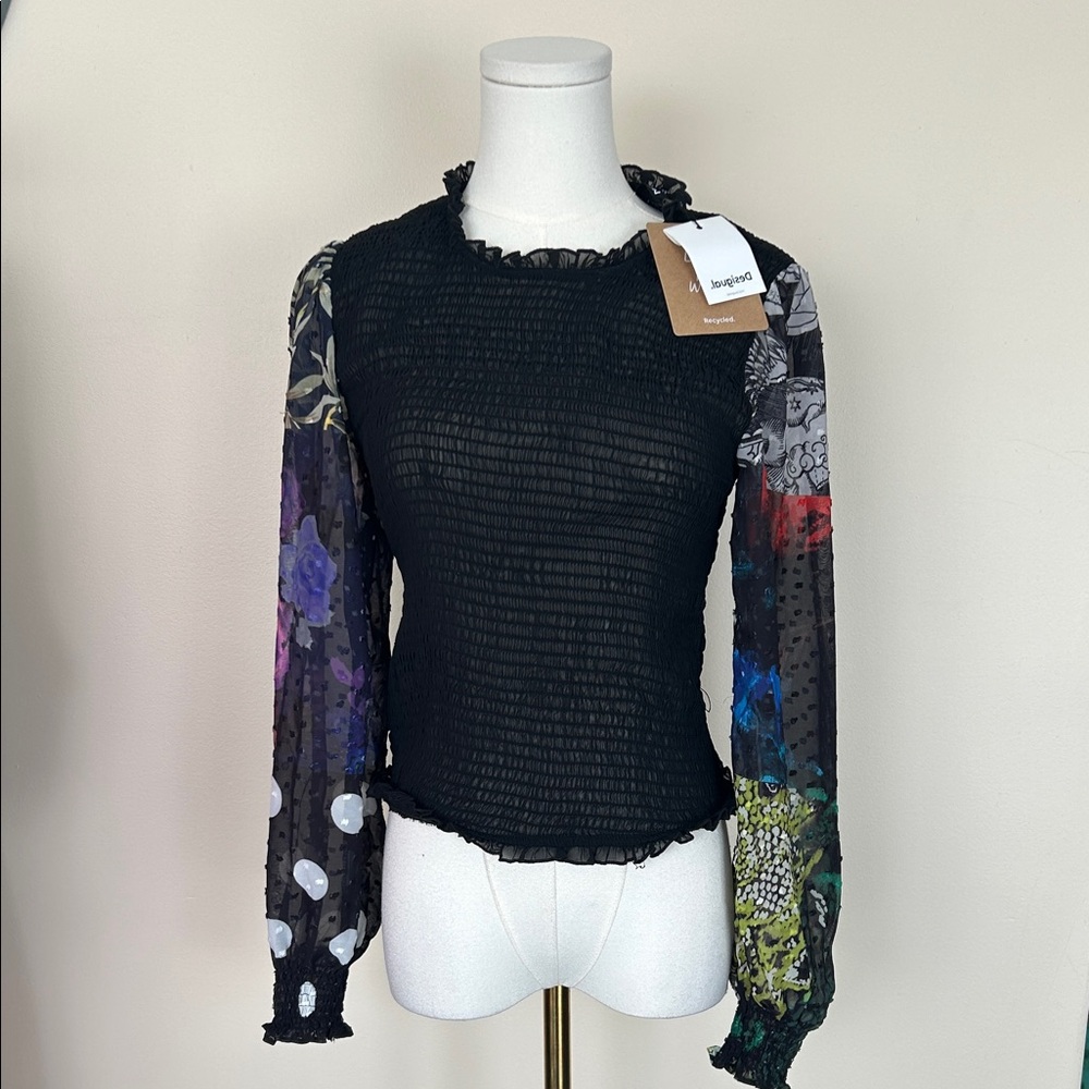 DESIGUAL Sheer Black Floral Sleeve Top size small - Picture 3 of 12